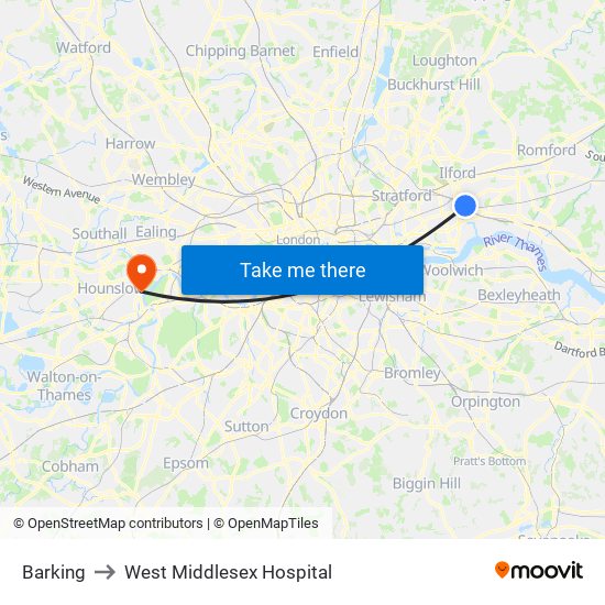 Barking to West Middlesex Hospital map