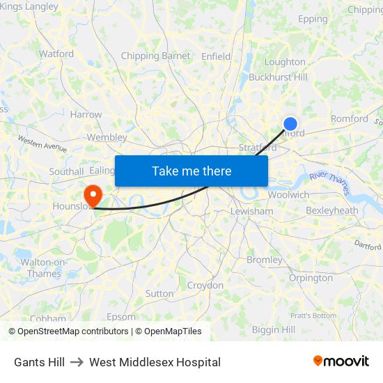Gants Hill to West Middlesex Hospital map