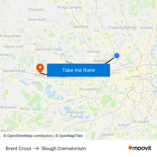 Brent Cross to Slough Crematorium map