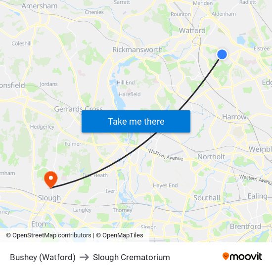Bushey (Watford) to Slough Crematorium map