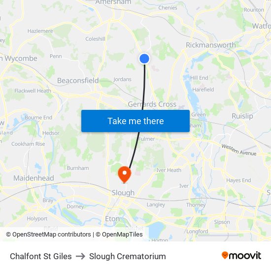 Chalfont St Giles to Slough Crematorium map