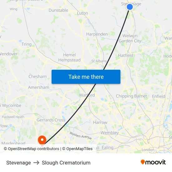 Stevenage to Slough Crematorium map