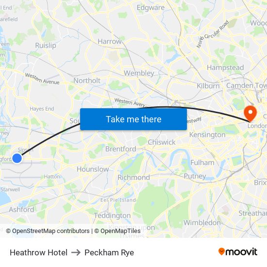 Heathrow Hotel to Peckham Rye map