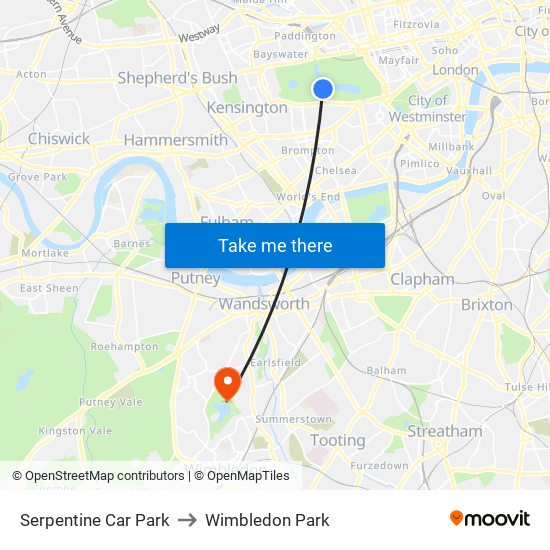 Serpentine Car Park to Wimbledon Park map