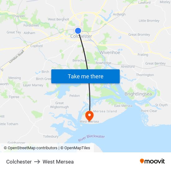 Colchester to West Mersea map