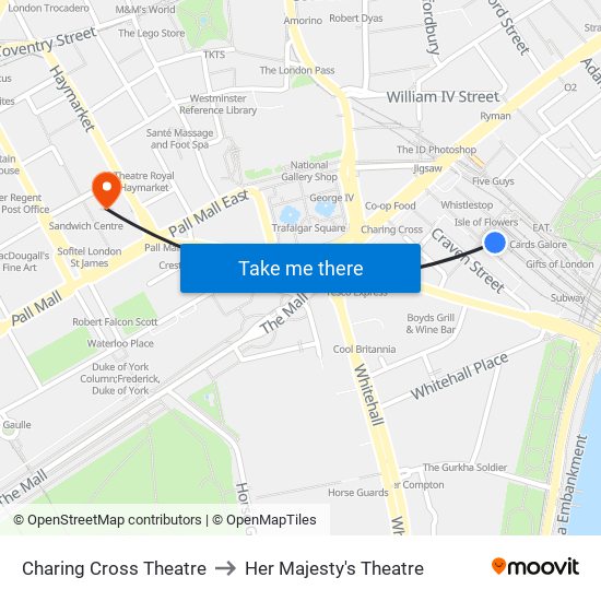 Charing Cross Theatre to Her Majesty's Theatre map