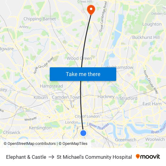 Elephant & Castle to St Michael's Community Hospital map