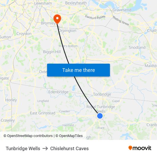 Tunbridge Wells to Chislehurst Caves map