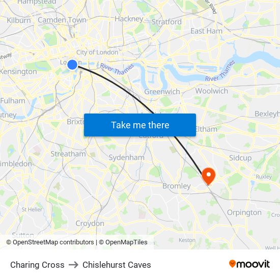 Charing Cross to Chislehurst Caves map