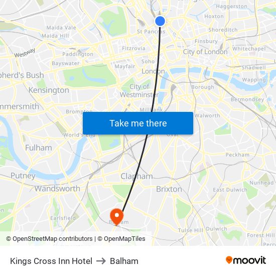 Kings Cross Inn Hotel to Balham map