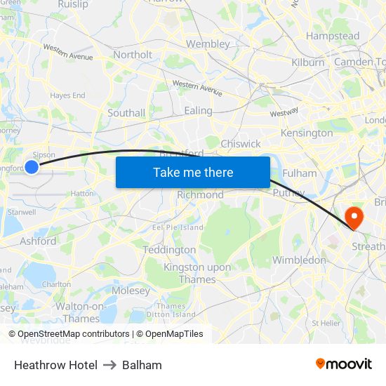 Heathrow Hotel to Balham map