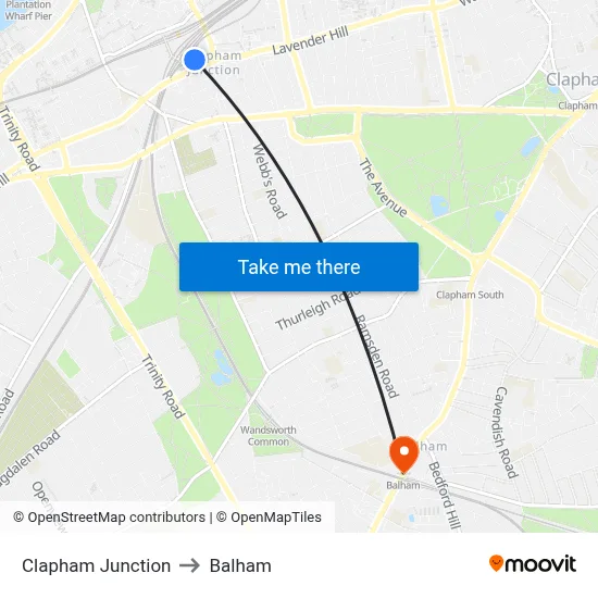 Clapham Junction to Balham map