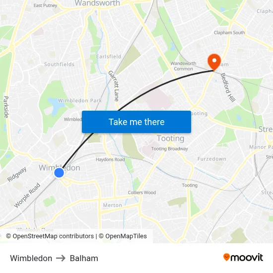 Wimbledon to Balham map