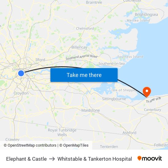 Elephant & Castle to Whitstable & Tankerton Hospital map