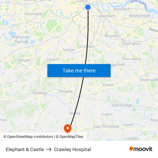 Elephant & Castle to Crawley Hospital map