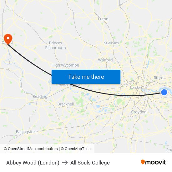 Abbey Wood (London) to All Souls College map