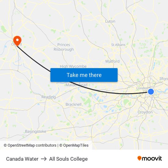 Canada Water to All Souls College map