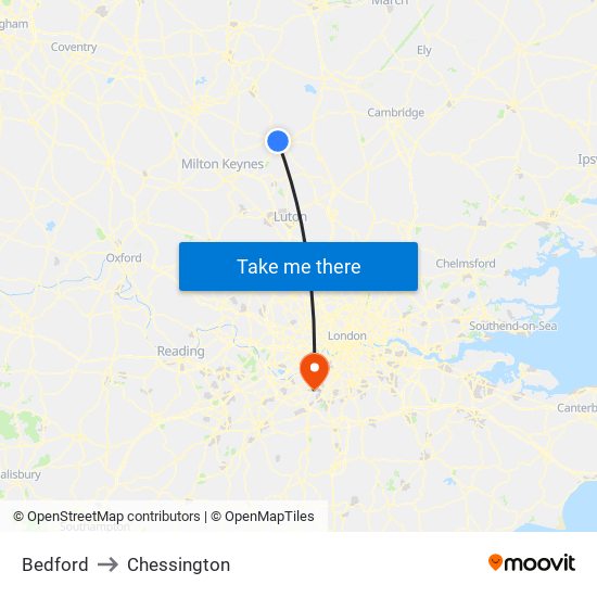Bedford to Chessington map