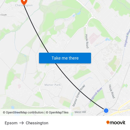 Epsom to Chessington map