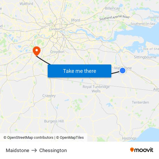 Maidstone to Chessington map