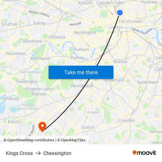 Kings Cross to Chessington map