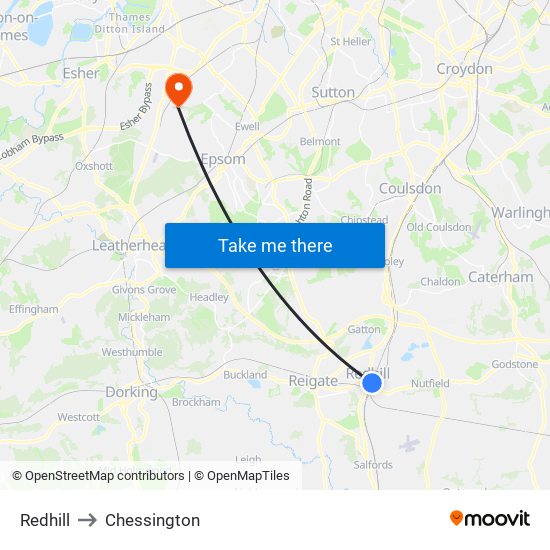Redhill to Chessington map