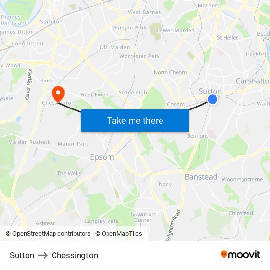 Sutton to Chessington map