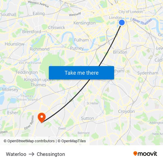 Waterloo to Chessington map