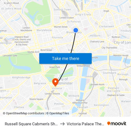 Russell Square Cabmen's Shelter to Victoria Palace Theatre map