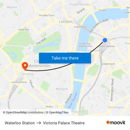 Waterloo Station to Victoria Palace Theatre map