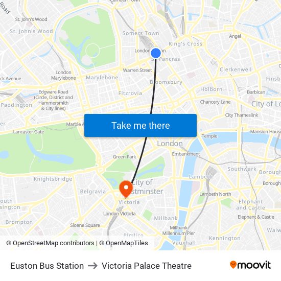 Euston Bus Station to Victoria Palace Theatre map