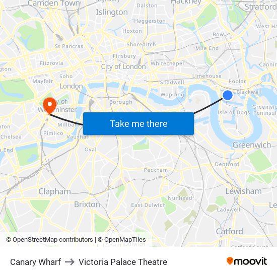 Canary Wharf to Victoria Palace Theatre map