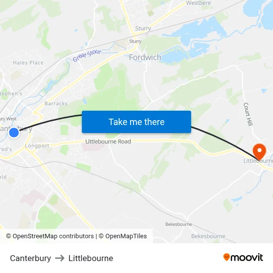 Canterbury to Littlebourne map