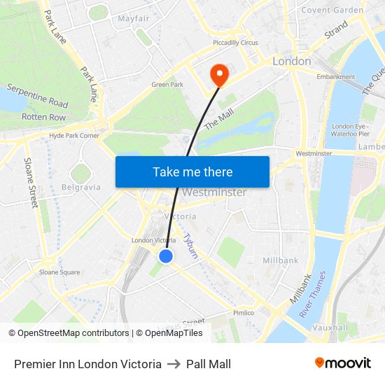 Premier Inn London Victoria to Pall Mall map