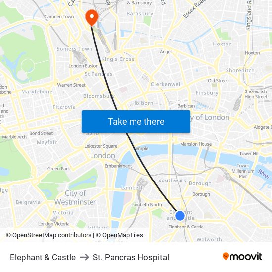Elephant & Castle to St. Pancras Hospital map