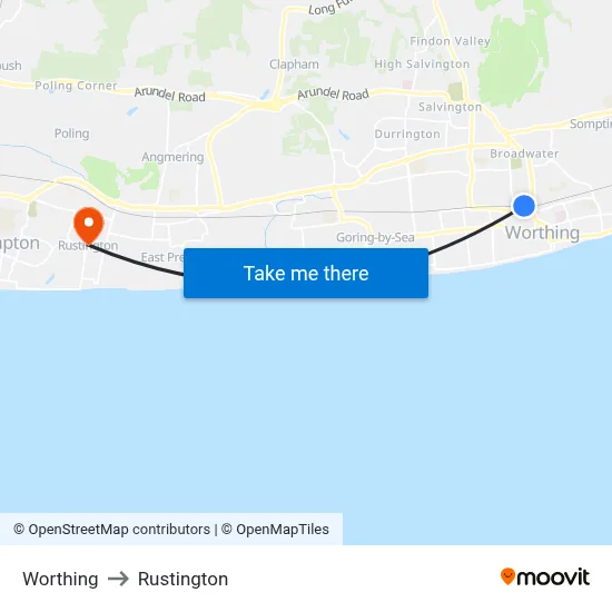 Worthing to Rustington map