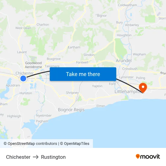 Chichester to Rustington map