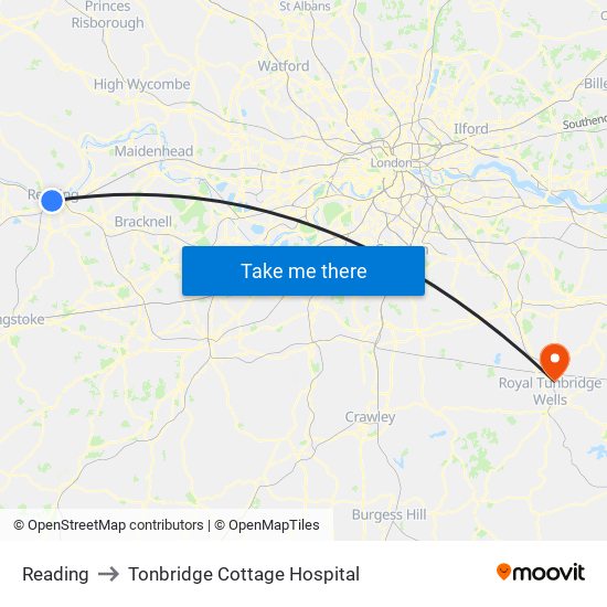 Reading to Tonbridge Cottage Hospital map
