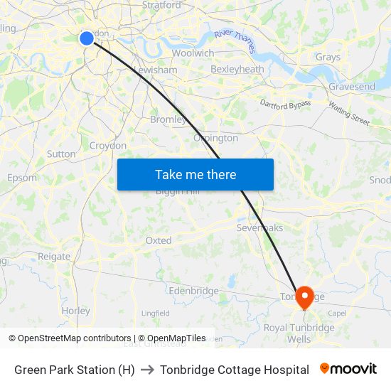 Green Park Station (H) to Tonbridge Cottage Hospital map