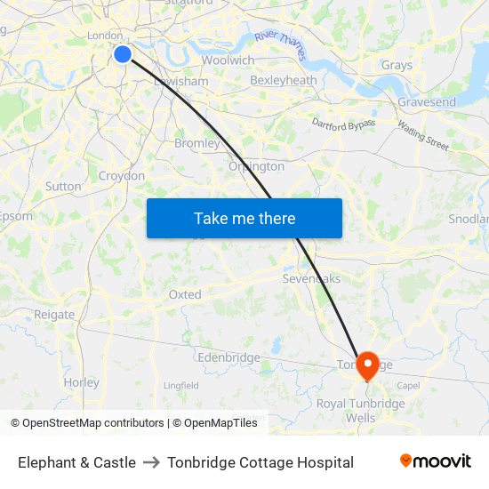 Elephant & Castle to Tonbridge Cottage Hospital map