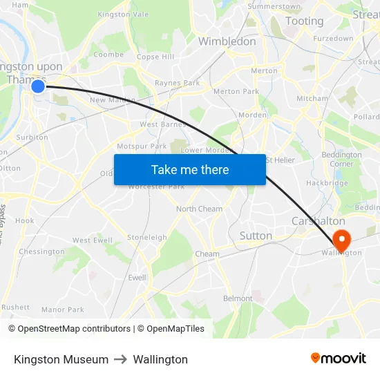 Kingston Museum to Wallington map