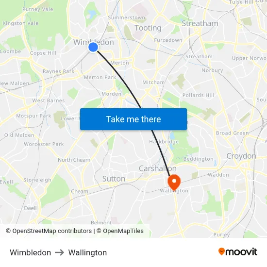 Wimbledon to Wallington map