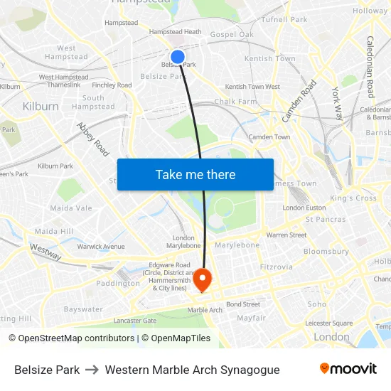 Belsize Park to Western Marble Arch Synagogue map