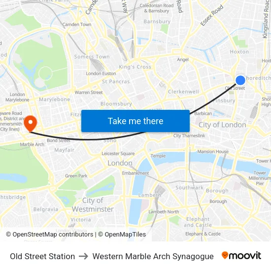 Old Street Station to Western Marble Arch Synagogue map