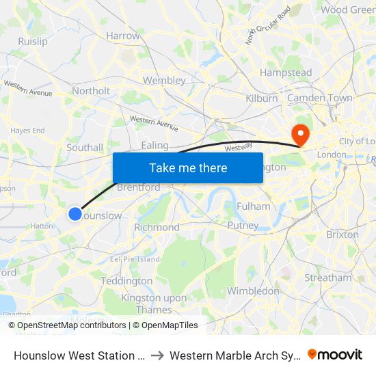 Hounslow West Station Car Park to Western Marble Arch Synagogue map