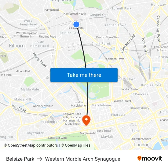 Belsize Park to Western Marble Arch Synagogue map