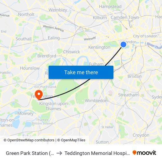 Green Park Station (H) to Teddington Memorial Hospital map