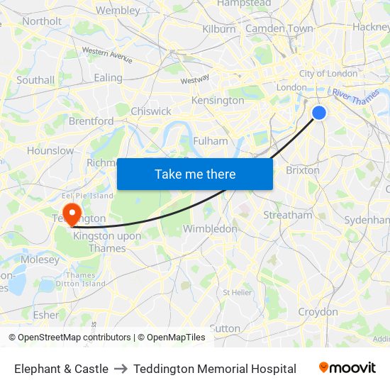 Elephant & Castle to Teddington Memorial Hospital map