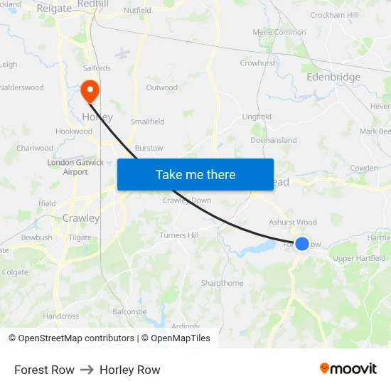 Forest Row to Horley Row map