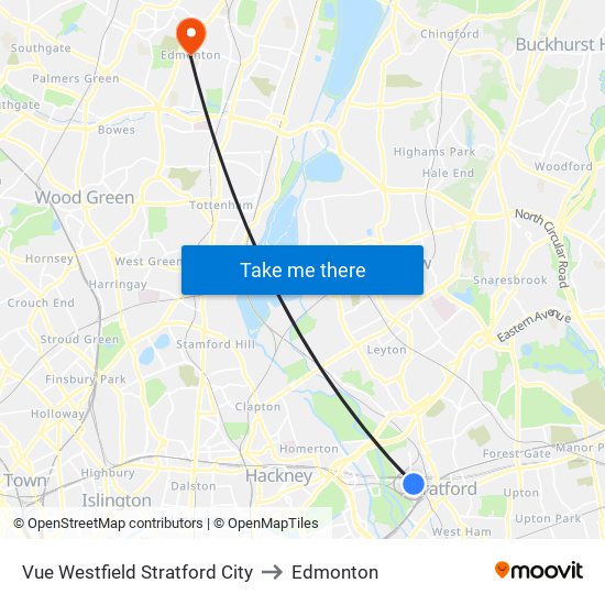 Vue Westfield Stratford City to Edmonton map